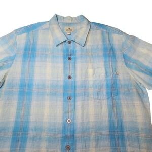 Solitude Shirt Mens Large Blue Plaid Linen‎ Cotton Short Sleeve Button Up Casual